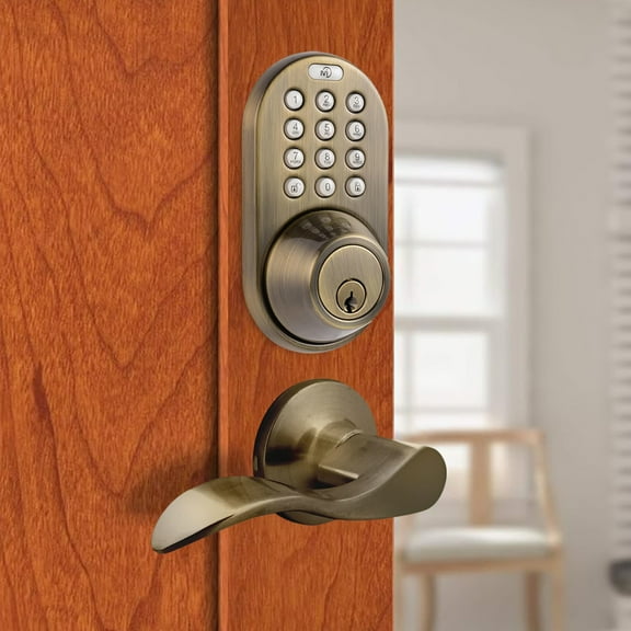 MiLocks Keyless Entry Deadbolt Door Lock with Passage Lever Handles - Electronic Keypad Deadbolt & Front Door Lock Handle Sets Digital Smart Code Door Lock for Front Door, Antique Brass
