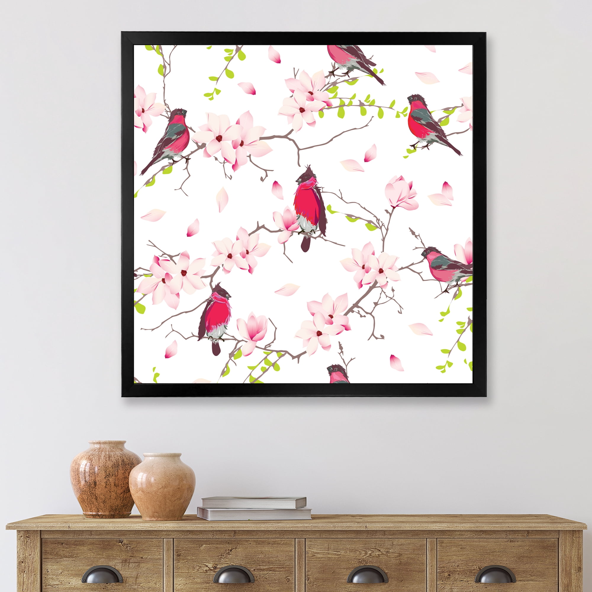 Designart 'Red Bullfinches Sitting On Magnolia Tree' Traditional Framed Art Print