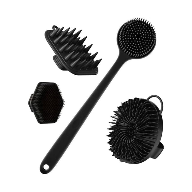 4 pcs Cepillo de Baño de Silicona, cepillo de limpieza de espalda de mango largo, cepillo de baño corto, cepillo para lavar el pelo y cepillo para lavar la cara, herramientas de limpieza (black)