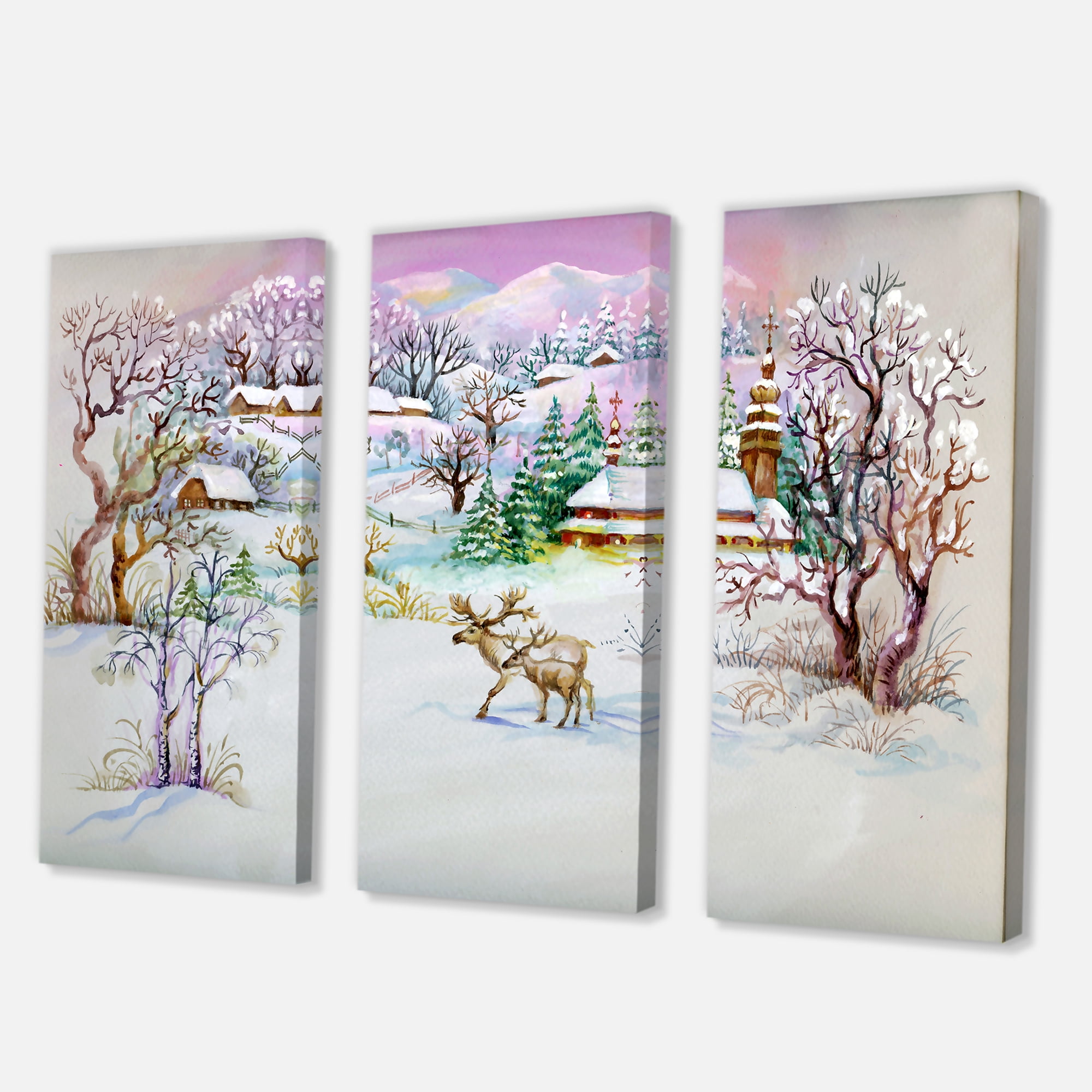 Winter VIllage Life Landscape 28 in x 36 in Painting Canvas Art Print, by Designart