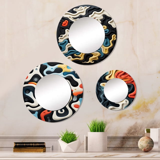 Designart "Fusion Of Multicolor Labyrinthe" Miroir Rond Formes Abstraites Ensemble de 3 - Miroir Rond Noir Moderne Décoration Murale de Chambre