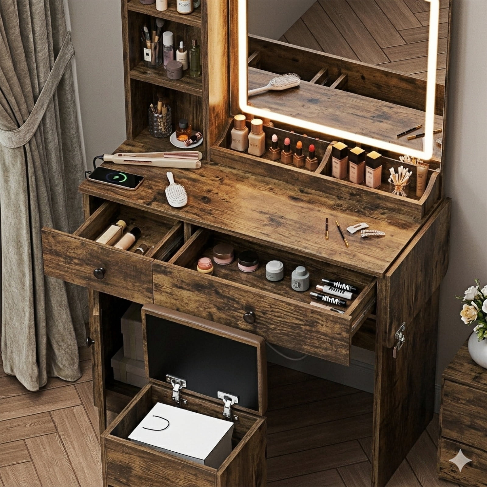 Haewon 35" Vanity Desk with Mirror, LED Light, Power Outlet, Makeup Vanity with Storage Cabinet and Foldable Panel, Vanity Set with Cushioned Stool, Brown