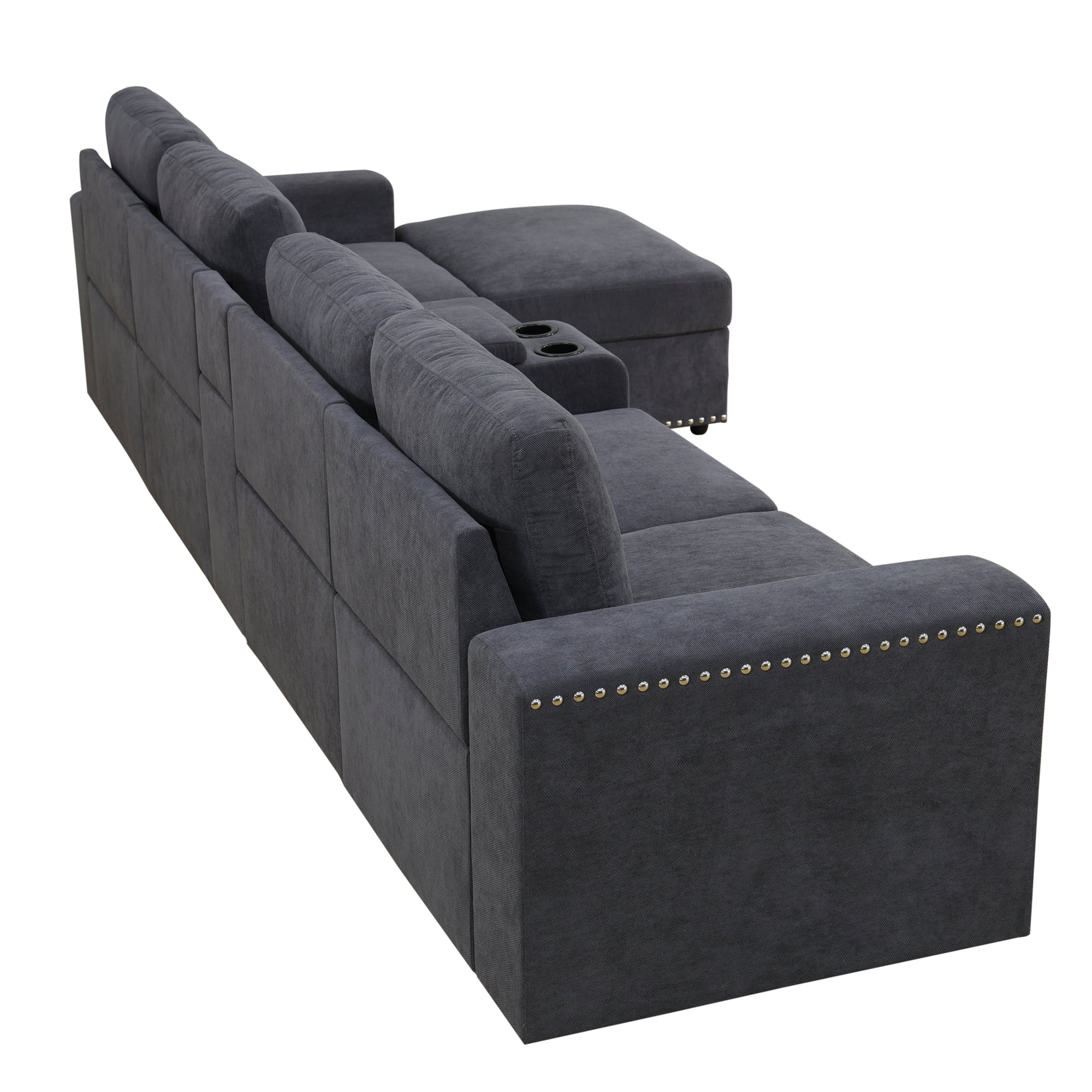 Aukfa 130" Oversized Sectional Sofa w/ Cupholder & Console 4 Seat Couch with Ottoman for Living Room, Gray