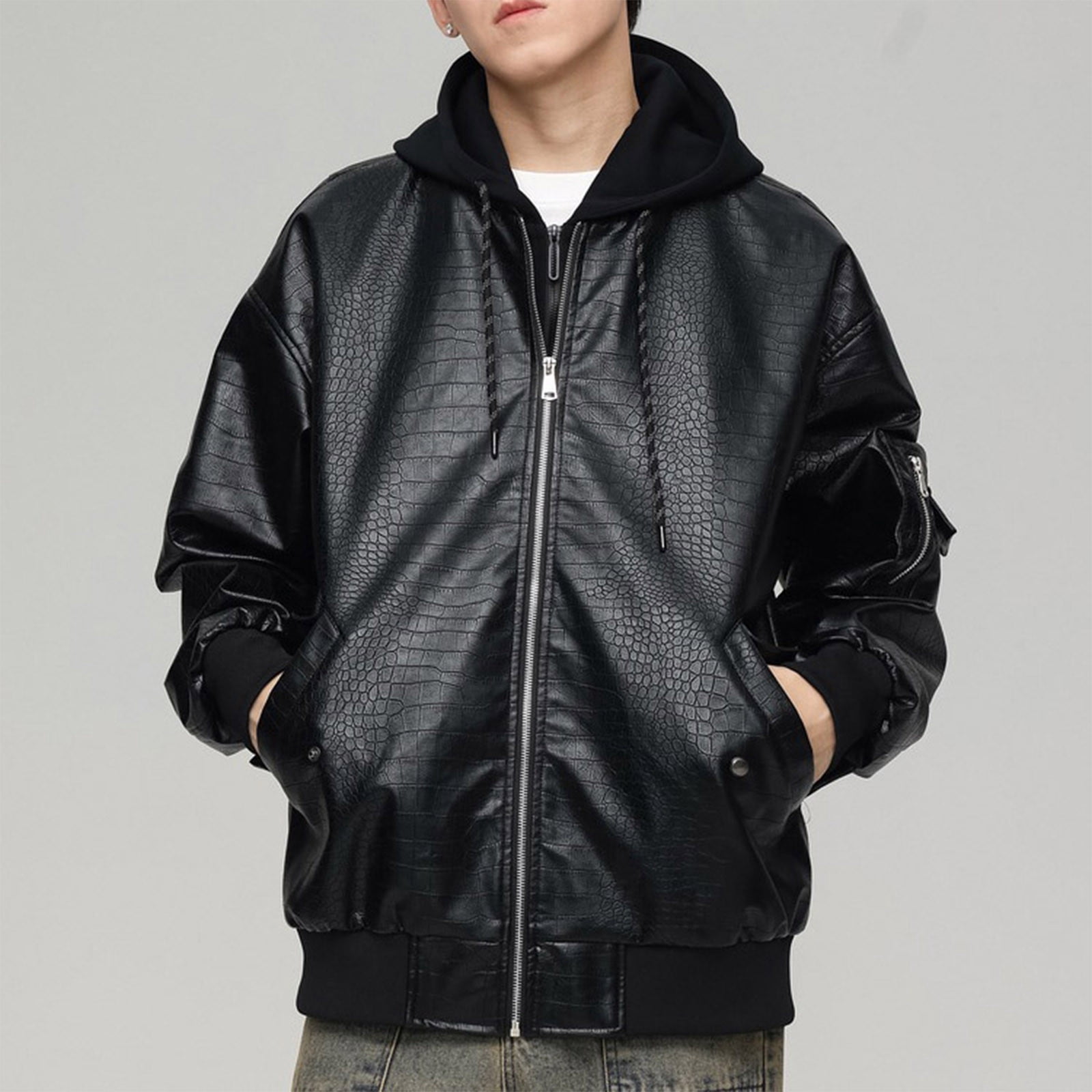Maoxin Mens Leather Jacket Men Fashion Solid Color Zipper Pocket Hooded Long Sleeve Hooded Leather Outwear Leather Jacket Men