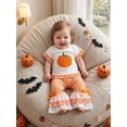 thumbnail image 6 of BemeyourBBs Toddler Baby Girls Halloween Thanksgiving Outfits Infant Baby Girl Summer Fall Clothes Cute Pumpkin Embroidery Ruffled Short Sleeve T Shirt Tops and Flared Pants Set, 6 of 9
