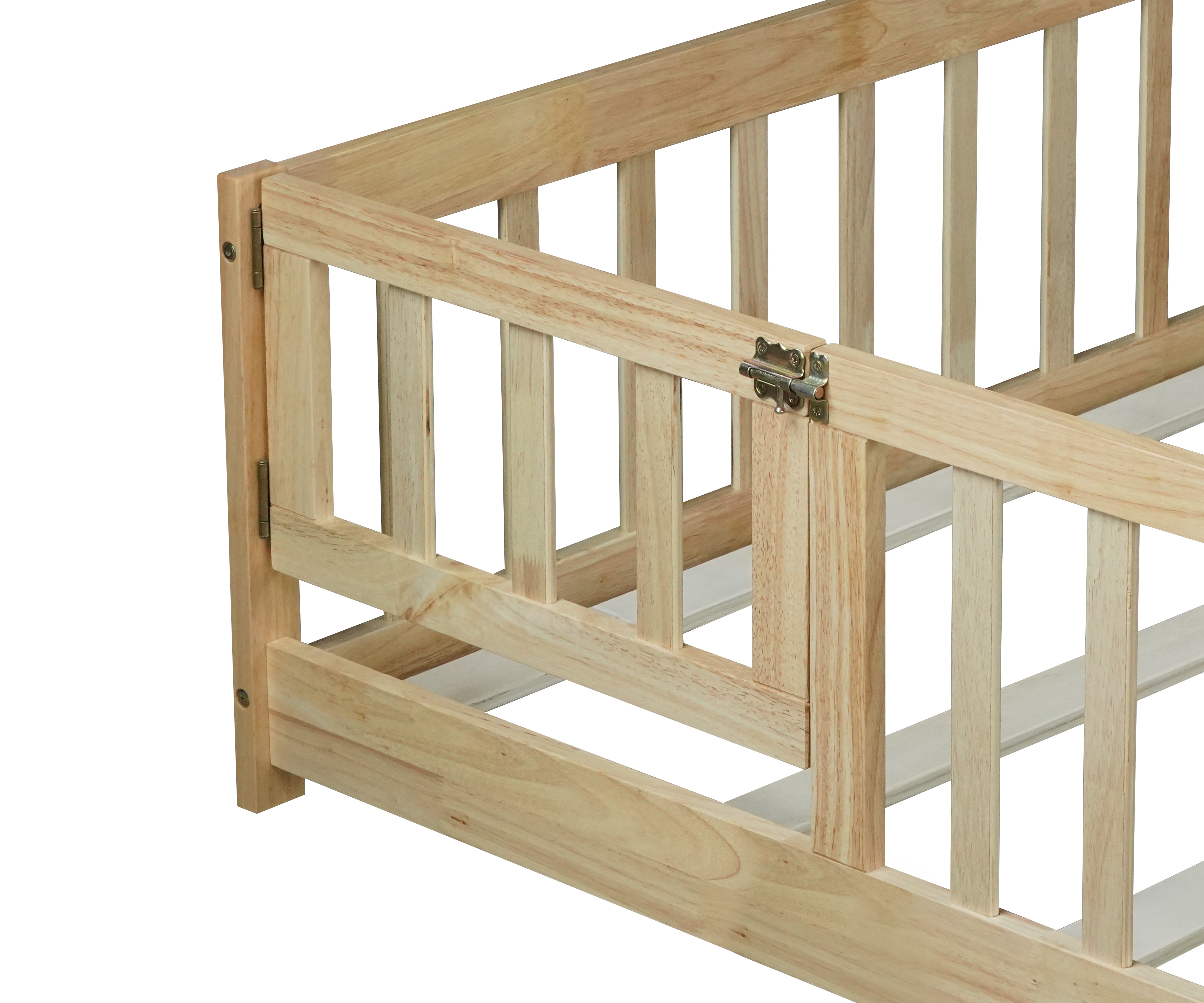Full Size Floor Bed with Fence and Door, Rubber Wood Floor Bed with Safety Guardrails, Natural