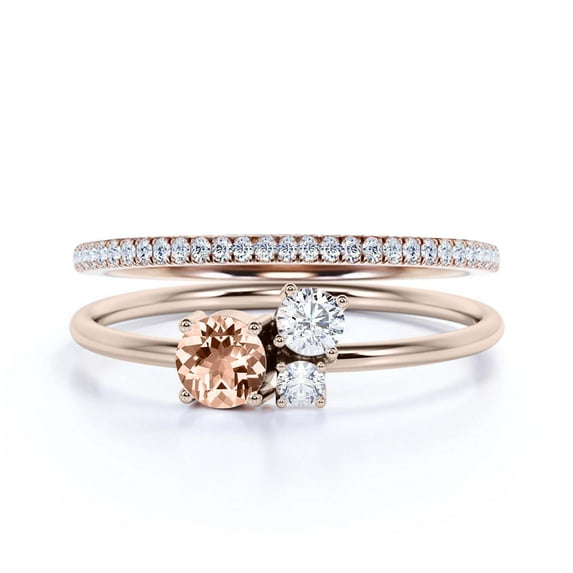 Unique 3 Stone Minimalist 1.05 Carat Round Cut Morganite Engagement Ring, Trilogy Ring, Wedding Ring in 925 Sterling Silver With 18k Rose Gold Plating, Bridal Set, Matching Band