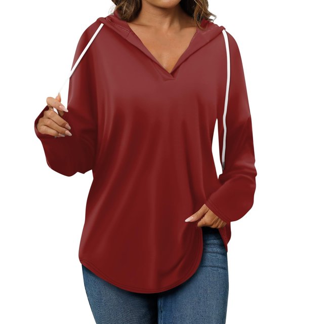 Timegard Womens Hoodie Sweatshirts Long Sleeve V Neck Drawstring Tops Casual Sports Running Solid Color T Shirts