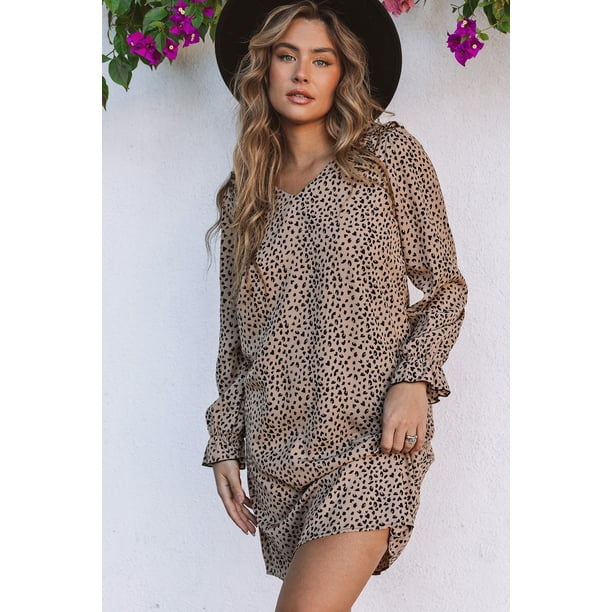 ABPHQTO Vestido de mujer con escote en V y ribete de volantes de leopardo caqui