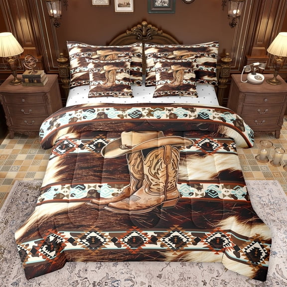 Castle Fairy Western Cowboy Boots Hat 7-Piece Twin Bedding Set, Bohemian Tribal Aztec, Farmhouse Cow Print
