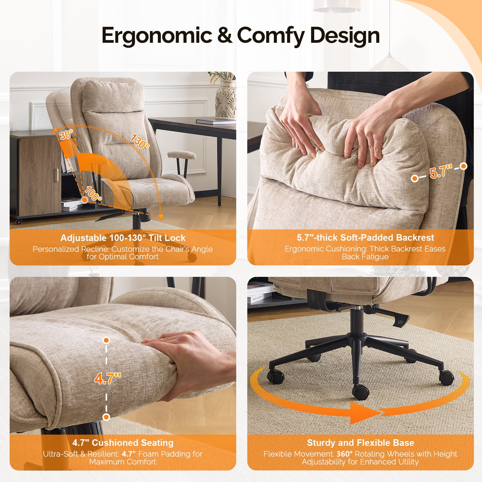 Ktaxon Office Gaming Chair High Back with Armrests – Adjustable Swivel Chair 360° Rotation 30° Recline Chenille Seat Star Base Wheels Light Khaki