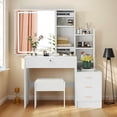 thumbnail image 1 of Tocador mueble de maquillaje retro blanco con mesa de espejo extraíble con 4 cajones y estantes de almacenamiento con taburete,Blanco-Gabinete, 1 of 2