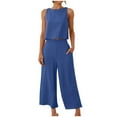 thumbnail image 2 of Ecqkame Women's 2 Piece Cotton Linen Outfit Sleeveless Solid Tank Crop Top Wide Leg Pants Set with Pockets Blue C XXL, 2 of 8