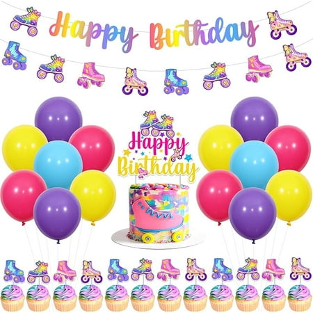 Roller Skating Themed Birthday Decorations, Happy Birthday Banner Cake Topper and Balloon Party Garland, Roller Skating Garland Cupcake Toppers, 80s 90s Hip Hop Themed Party Supplies