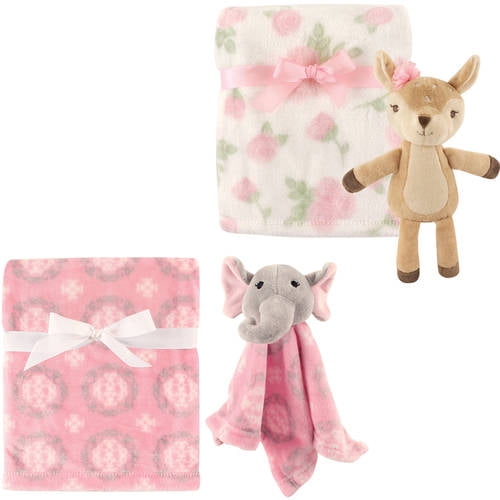 Hudson Baby Girls' Plush Blanket (2Pack) with Plush Toy and Security