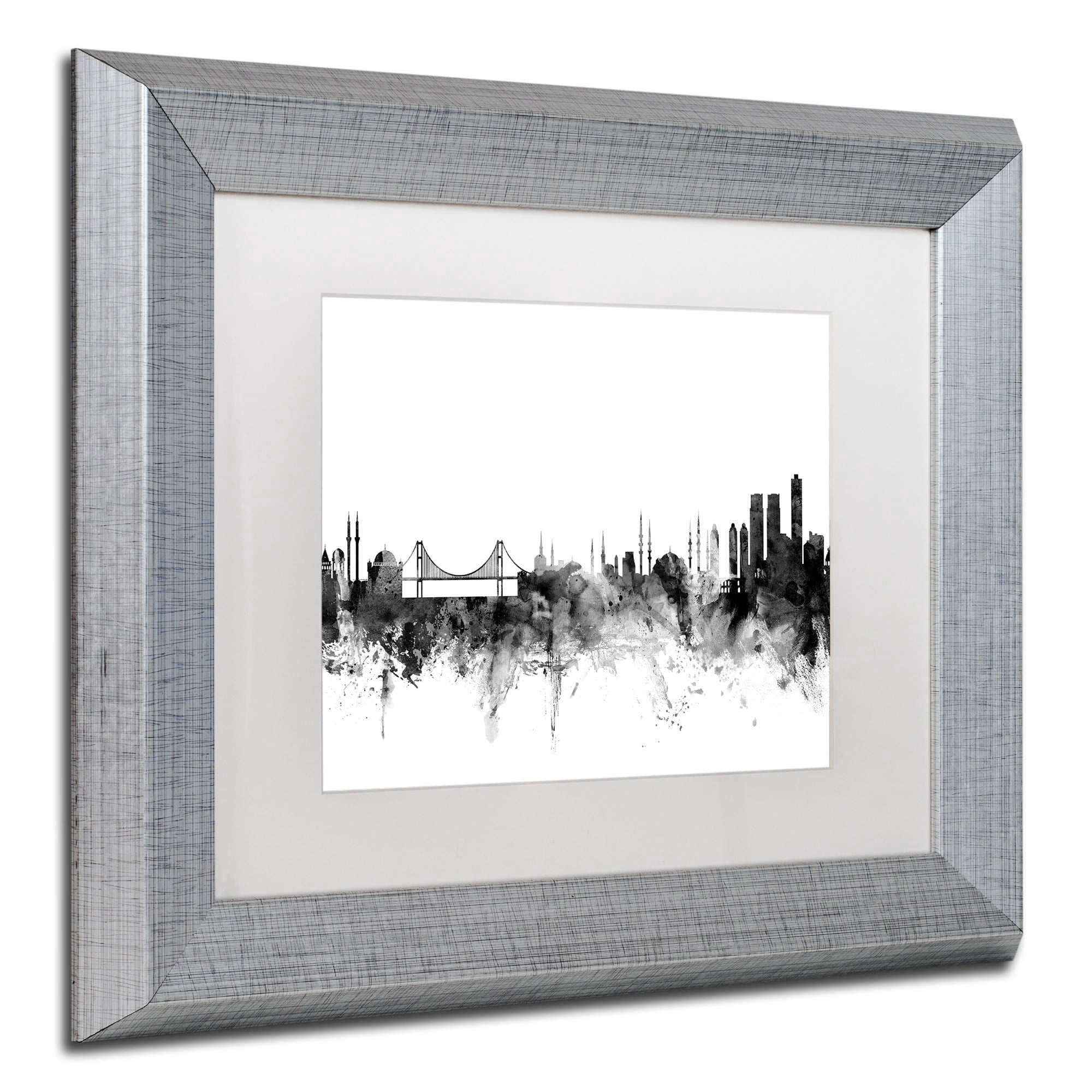 Trademark Fine Art "Istanbul Turkey Skyline B&W" Canvas Art by Michael Tompsett, White Matte, Silver Frame