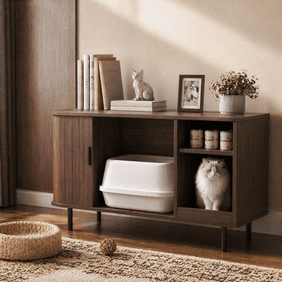 Naipo Cat Litter Box Enclosure with Sliding Tambour Door, 37.4" Hidden Litter Box Furniture, Wood Cat Litter Box Cabinet with Mat & Waterproof Pad, Rustic Brown