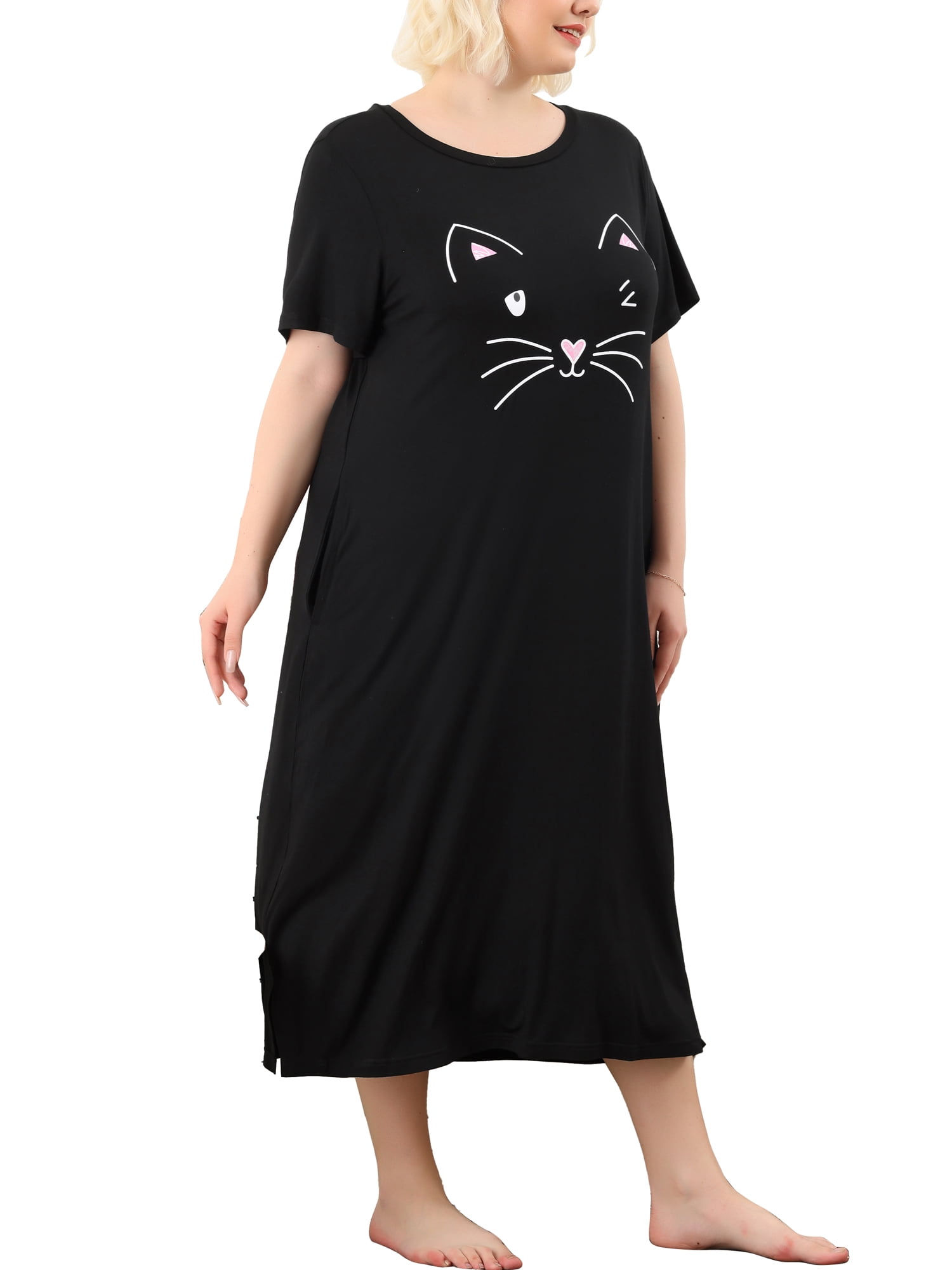 Unique Bargains Women's Plus Nightgown Short Sleeve Cat Print Nightshirt