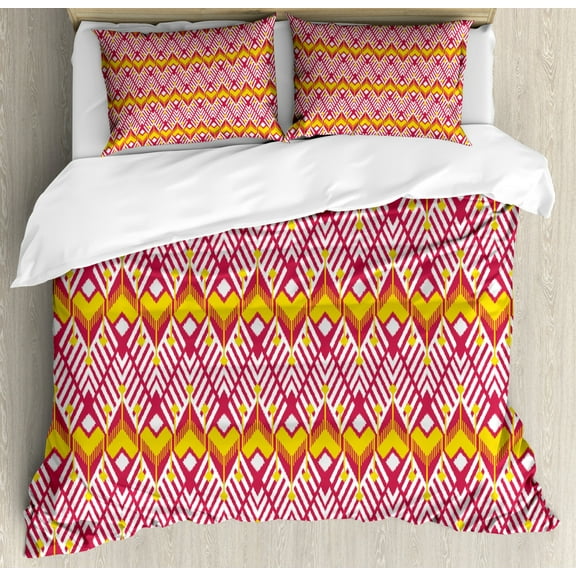 Ikat Duvet Cover Set King Size, Tribal Native Cultural Composition Chevron Inspired Geometric Shapes, Decorative 3 Piece Bedding Set with 2 Pillow Shams, Dark Coral Yellow White, by Ambesonne