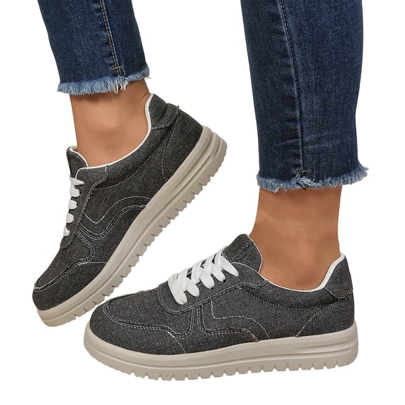 Women's Platform Canvas Walking Shoes Breathable Lace Up Non Slip Work Shoes with Arch Support Comfortable Slip On Sneakers Gray Size 8