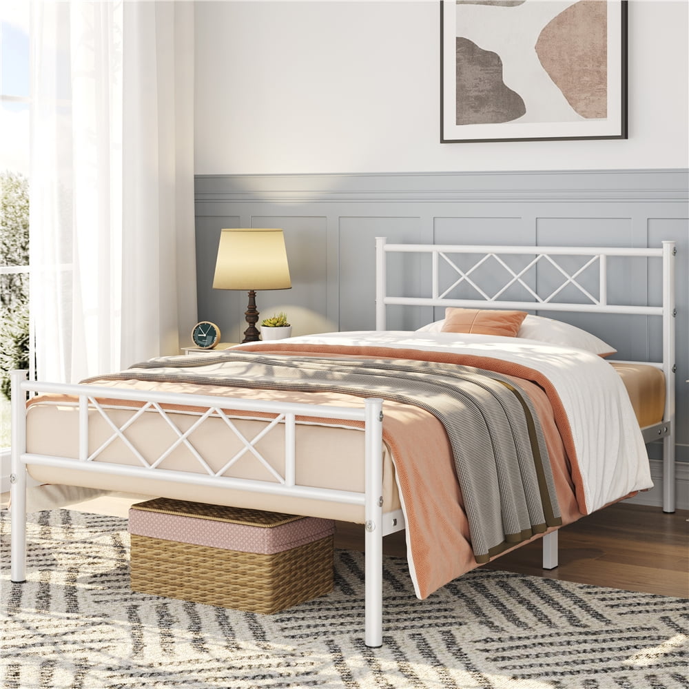 Yaheetech Metal Platform Bed Frame with Headboard and Footboard, Twin, White