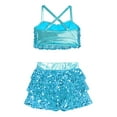 thumbnail image 4 of Doomiva Kids Girls Shiny Sequins Halter Tassel Crop Top with Mini Skirt Set Latin Jazz Salsa Samba Rumba Dance Outfits Light Blue 6, 4 of 5