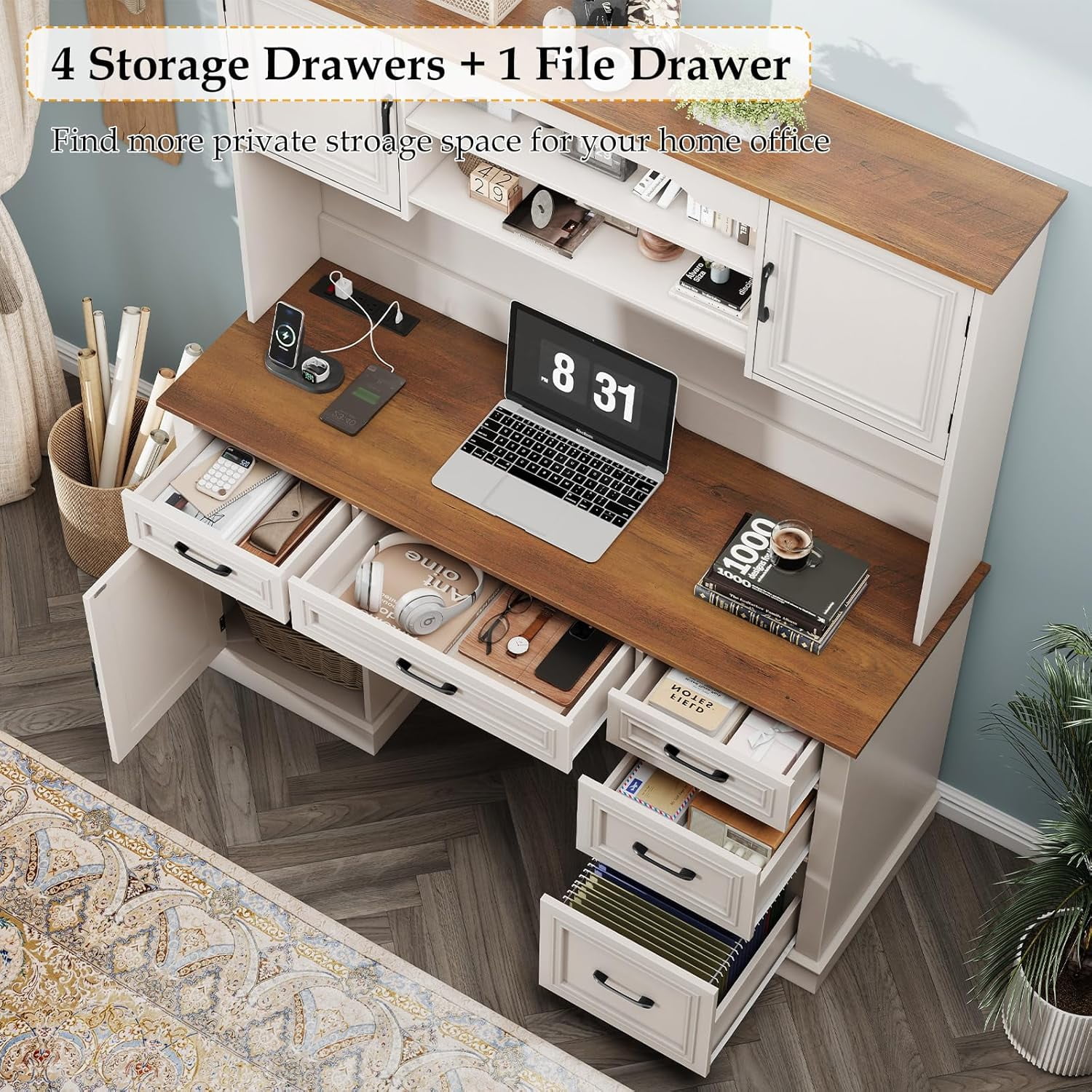 Vabches 67" H Executive Desk with Hutch and 5 Drawers, Farmhouse Computer Desk with Charging Station, File Drawer and Storage Cabinet, Wood Workstation for Home Office and Study
