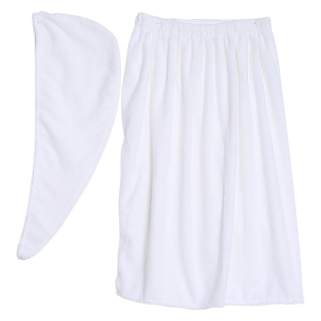 Women Soft Spa Bath Body Wrap Set Towel Bathrobe With Fast Dry Hair Drying Cap (White)