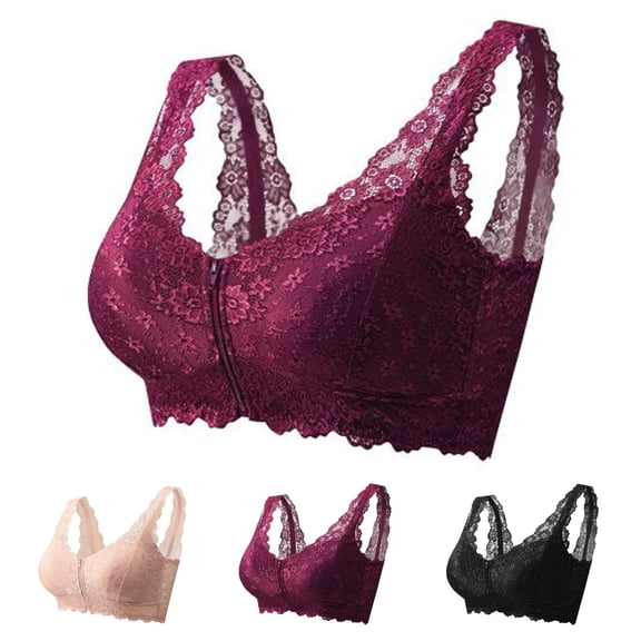 felwors Front Zipper Wireless Floral Lace Bra,Sexy Deep V Push Up Wide Strap Adjustable Elastic Bralette Comfy Bra(Purple, XXXXXL)