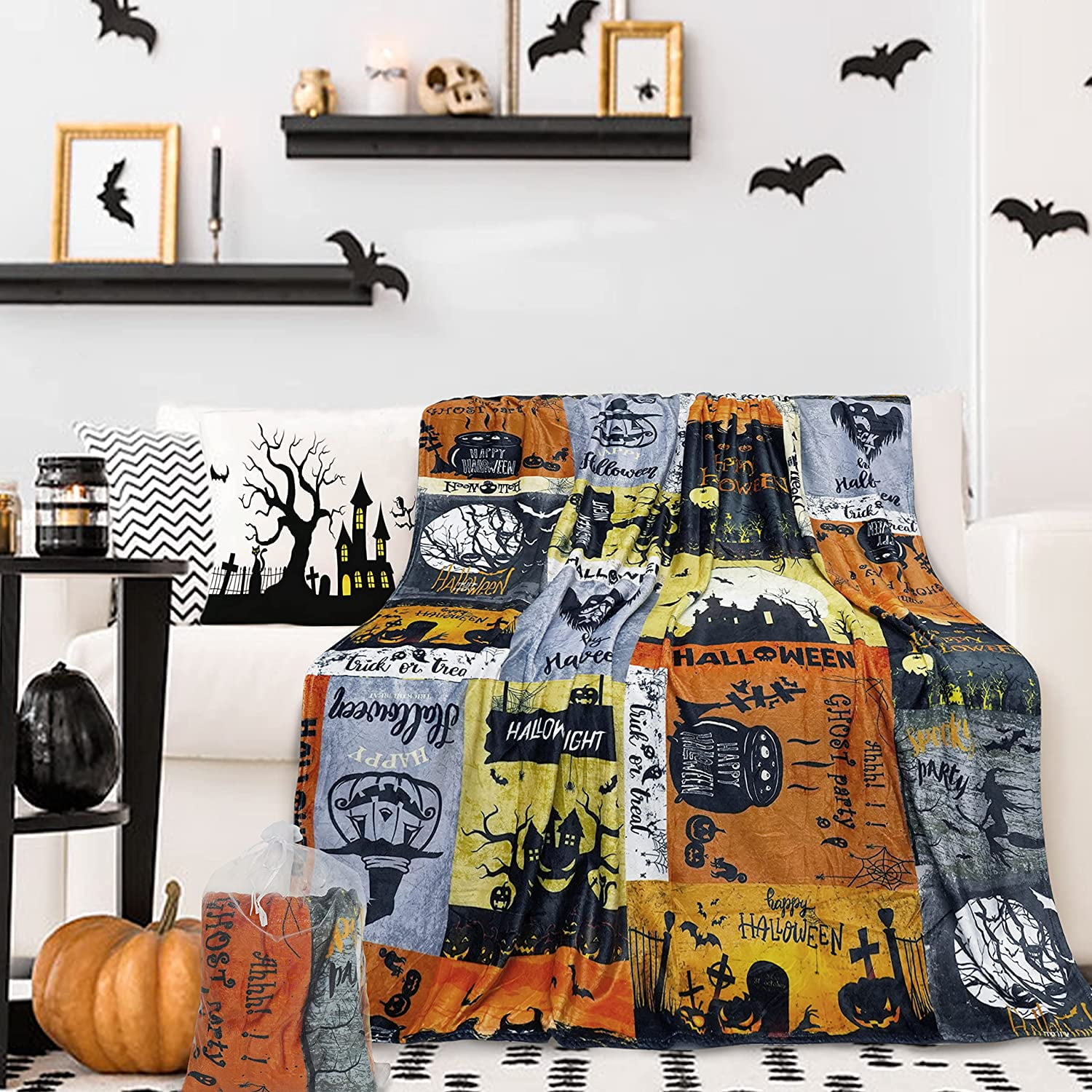 Halloween Blanket Haunted Throw Pumpkin Ghost Spooky Spider s Gothic