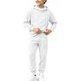 thumbnail image 2 of Spazoro Boys Sweatshirt Jogger Set with Kangaroo Pockets, Elastic Waist Long Sleeve Regular Fit Hooded Neck Solid Color Warm Fleece Lined Active Outfits for Kids White Size 13-14, 2 of 7