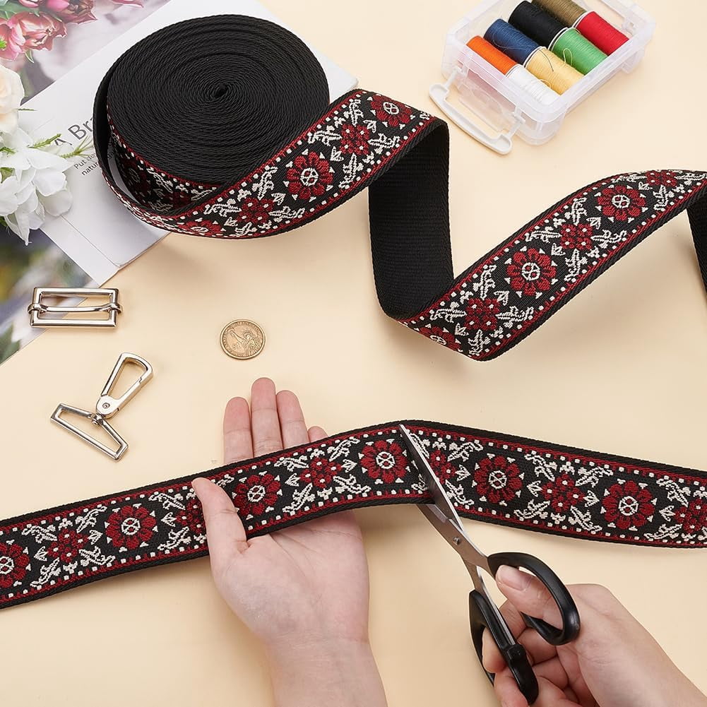 10Yards Vintage Jacquard Webbing Trim 2inch Embroidered Ribbon Boho Lace Trim Ethnic Floral Embroidery Webbing for DIY Clothing Accessories Sewing Crafting Home Decor
