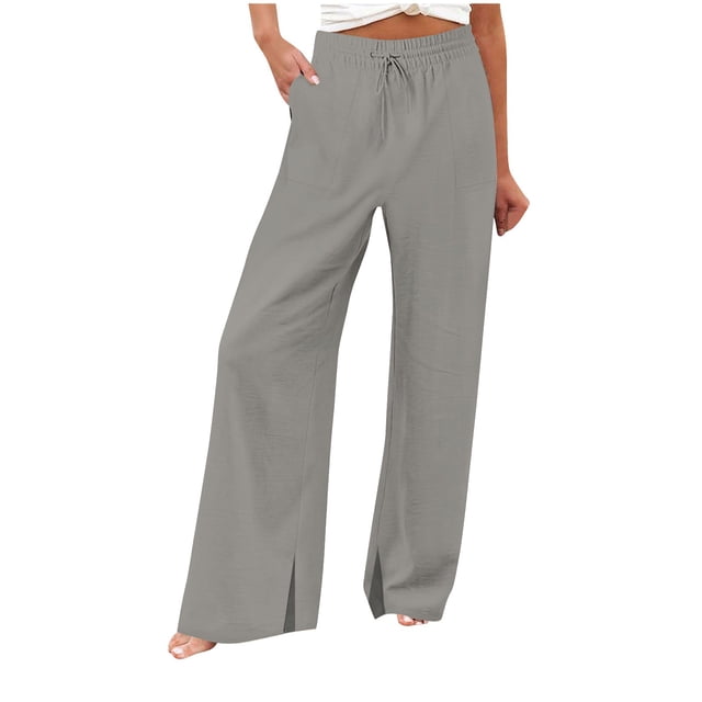 AherBiu Boho Pants for Women Slit Straight Wide Leg Drawstring High Waisted Summer Trousers with Pockets