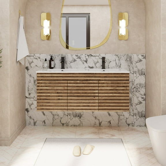 Eclife 48" Wall Mounted Double Sink Bathroom Vanity with Resin Top, Anti-Shock, Water Saving Faucet, Pop Up Drain