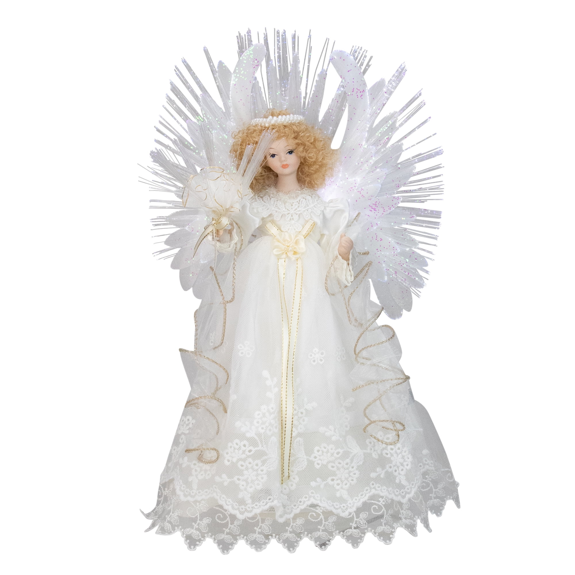 14" Lighted White Fiber Optic Floral Angel Christmas Tree Topper