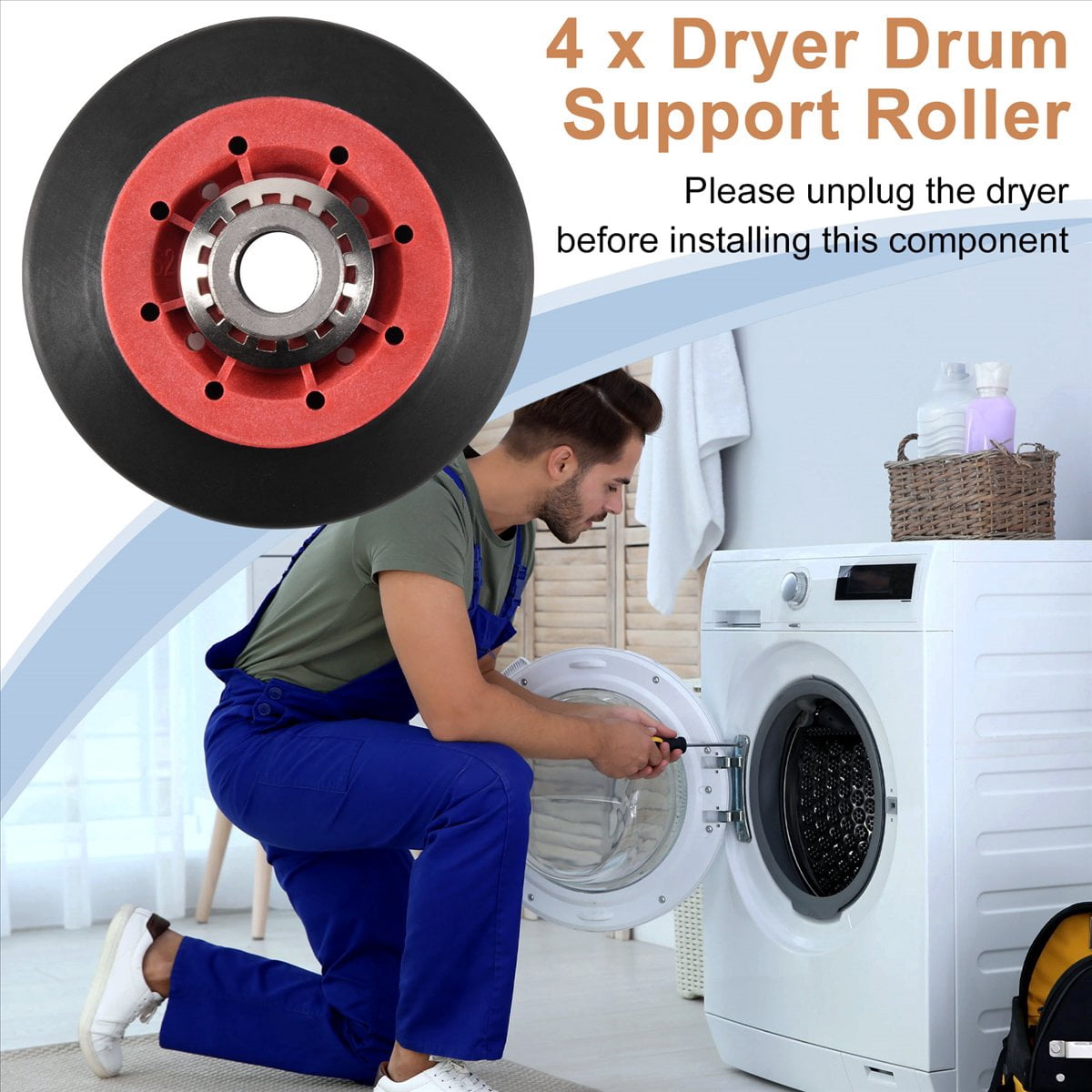 4PCS 8536974 Dryer Drum Roller Fit for , - Replaces 8536974, 8536973, W10314171, WPW10314173, PS11752609