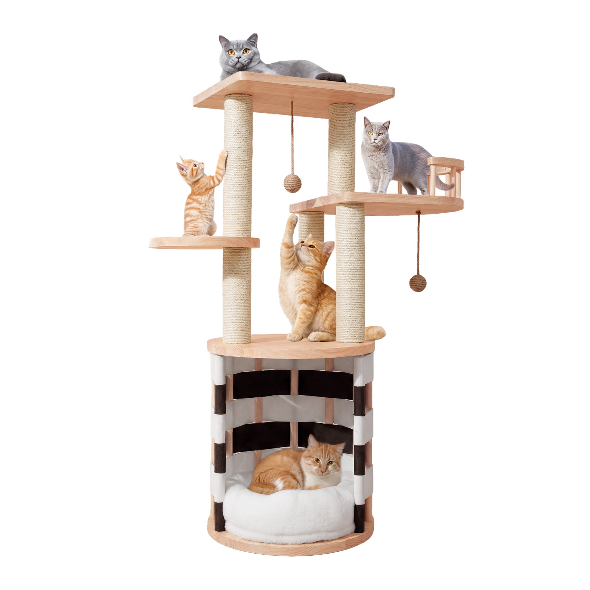 Uforic 40 in Solid Pine Wood Cat Tree, Multi-Level Cat Tower with Cat House, Observation Perches, Plush Bed & Sisal Scratching Posts, Indoor Cat Furniture