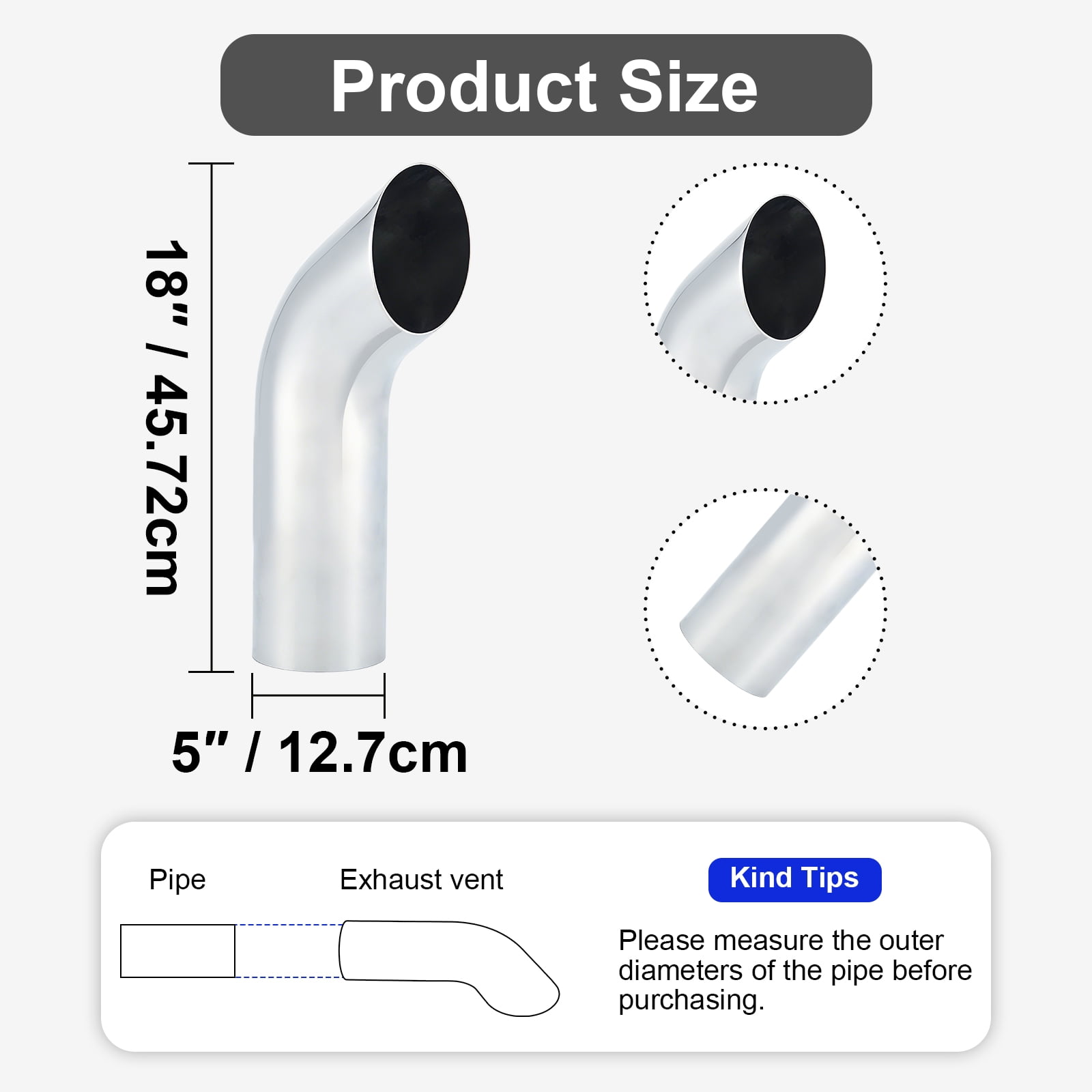 Exhaust Stack Pipe Curved Truck Pipe Heavy-Duty Steel Chrome, 5" OD x 18" Long Exhaust Pipe Truck Pipe