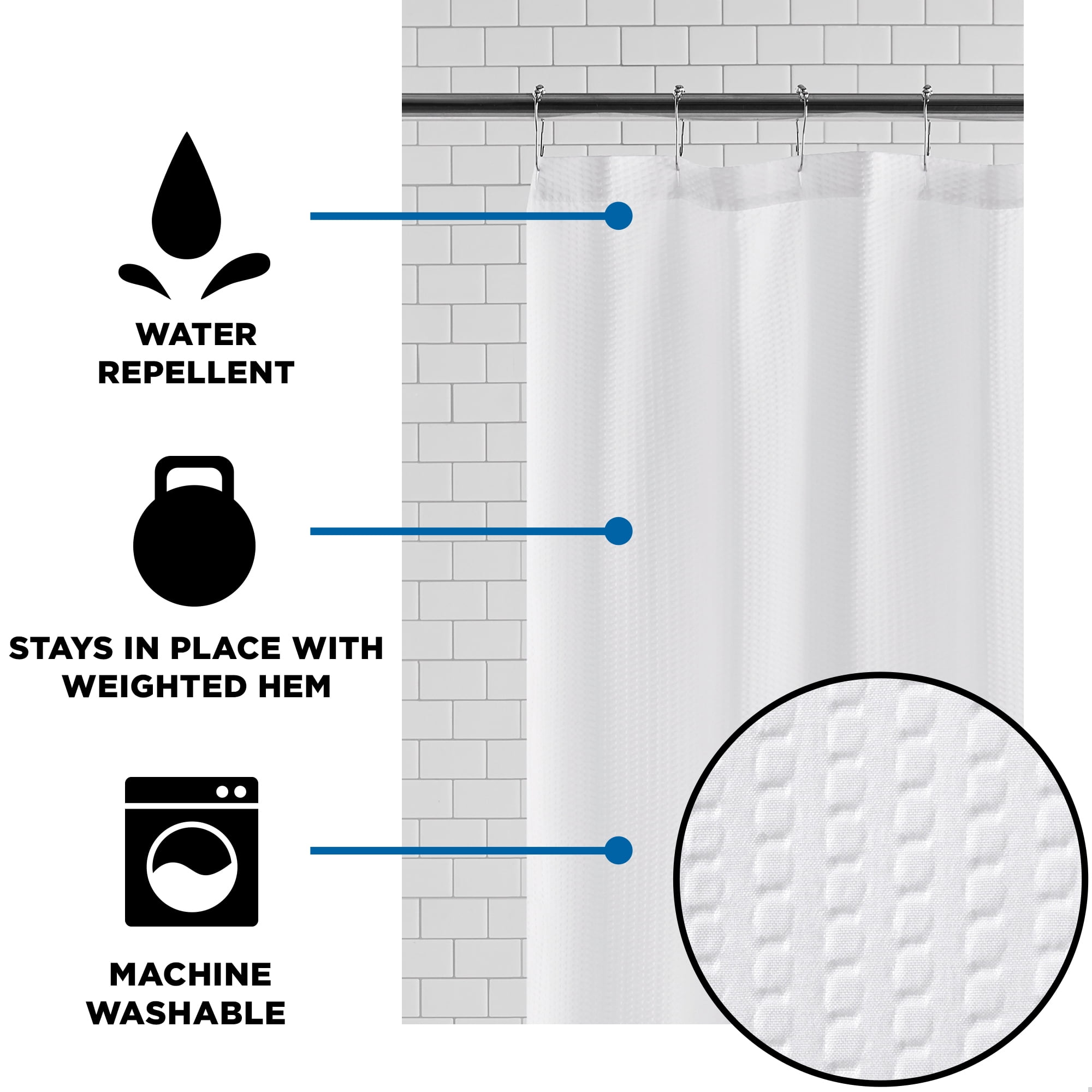 White Fabric Shower Liner, 70" x 72", Mainstays Water-Repellent Embossed Microfiber