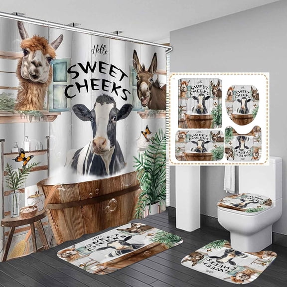 4PCS Plant Highland Cow Shower Curtain Sets with Rugs, Waterproof White Fabric Shower Curtain, Farm Animal Bull Cattle Western Rustic Farmhouse Green Eucalyptus Leaf Botanical Bathroom Decor