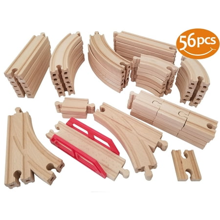 ToysOpoly Wooden Train Tracks 56 Piece Pack - 100% Compatible with Thomas, Brio, Ikea, and Chuggington Railway - Deluxe Real Beech Wood Set - Best Hobby For Kids With Active