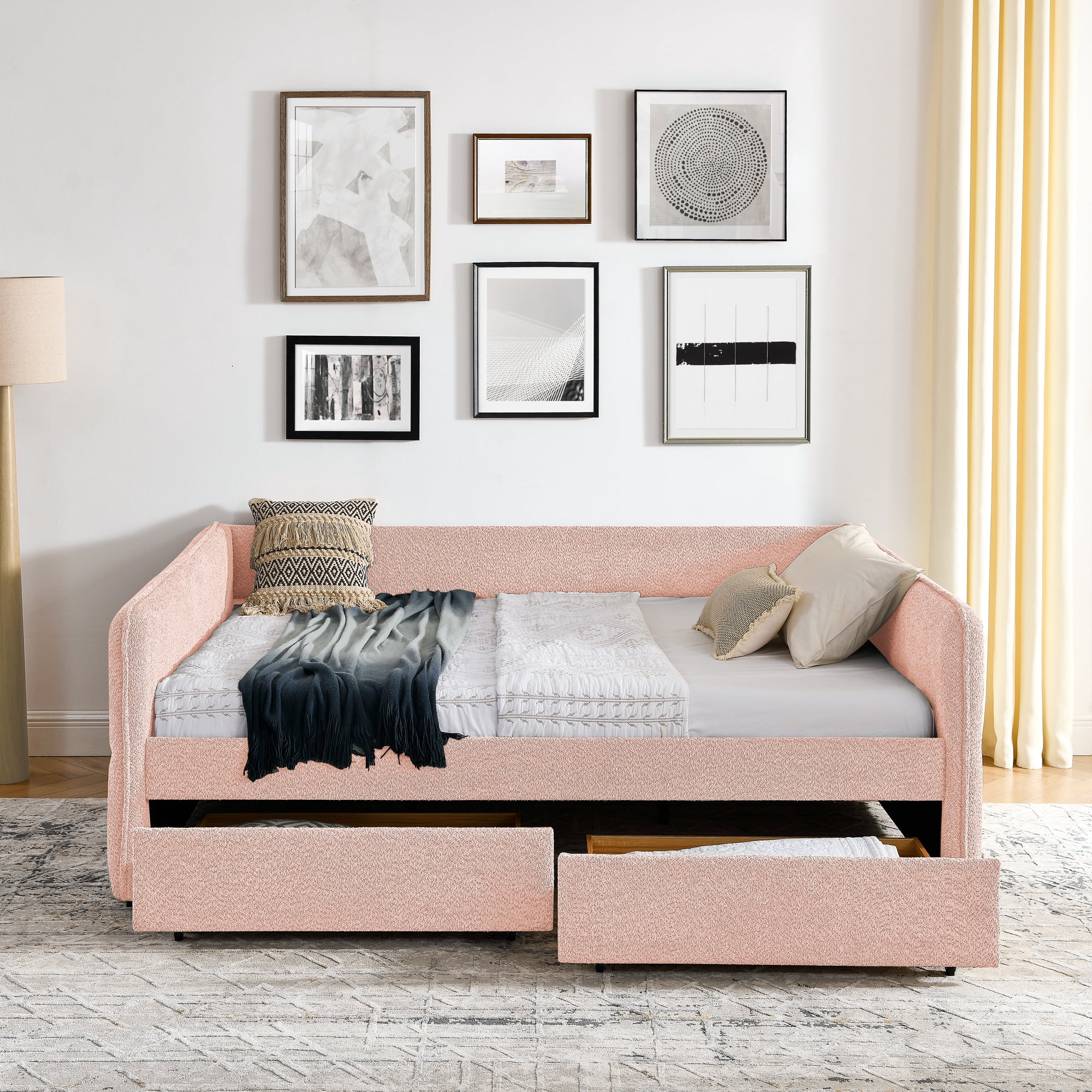 Mintazer Queen Upholstered Daybed with 2 Storage Drawers, Modern Sofa Bed for Living Room & Bedroom, Pink