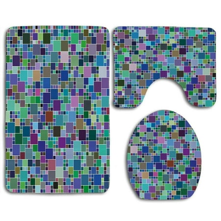 GOHAO Mosaic Grid Like Hues Squares Pixelated Graphic 3 Piece Bathroom Rugs Set Bath Rug Contour Mat and Toilet Lid (Best Off The Grid Toilet)