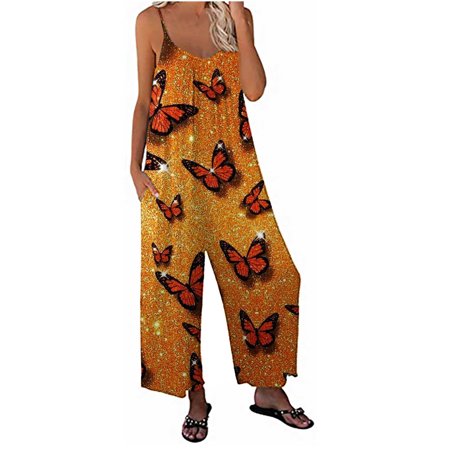 

Mrat Women Pants Dressy Casual Fashion Jumpsuit Ladies Print Jumpsuit Pajamas Casual Sling Wide Leg Long Pants Female Straight Leg Pant Yellow S