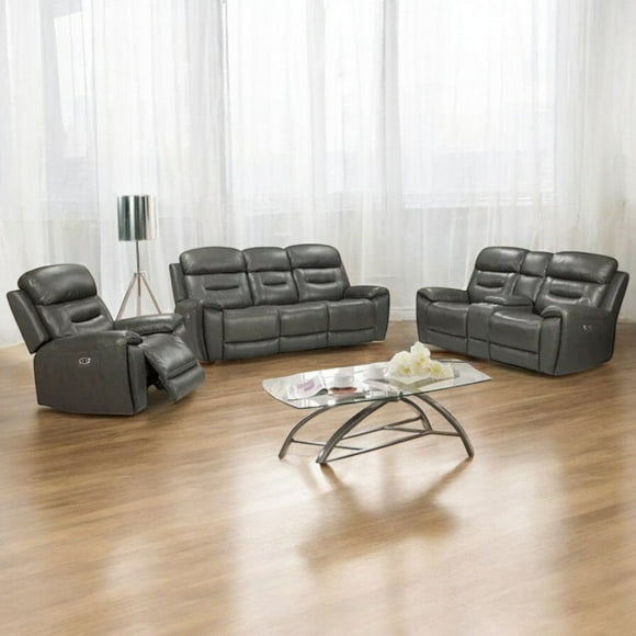 Cosmic Homes Sublime 3-Piece Manual Recliner Set in Charcoal Air Leather – Sofa, Loveseat & Recliner Chair with Cup Holders & Storage, Living Room
