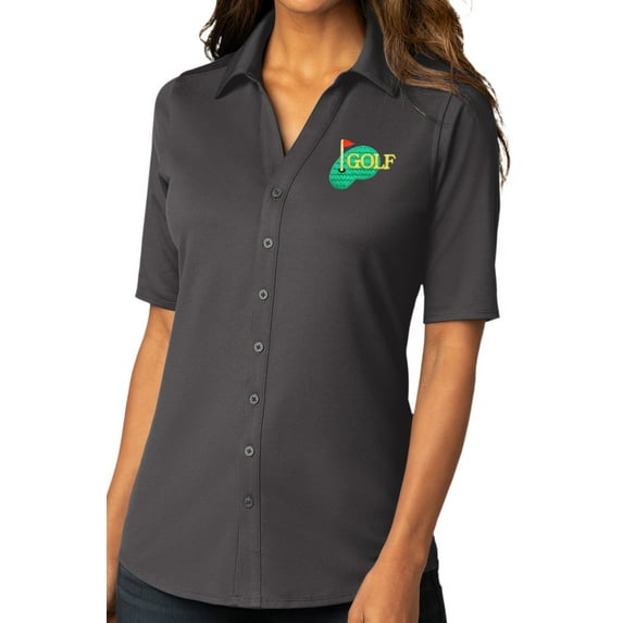 Womens Golf Patch Upscale Button-Down Stretch Shirt, 3XL Graphite Gray