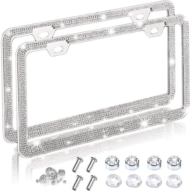 Bling marcos de matrícula para mujeres y hombres, paquete de 2 cubiertas de matrícula de diamante brillante, soporte de marco de matrícula de coche con diamantes de imitación brillantes, acero inoxida Afortunado Sencillez