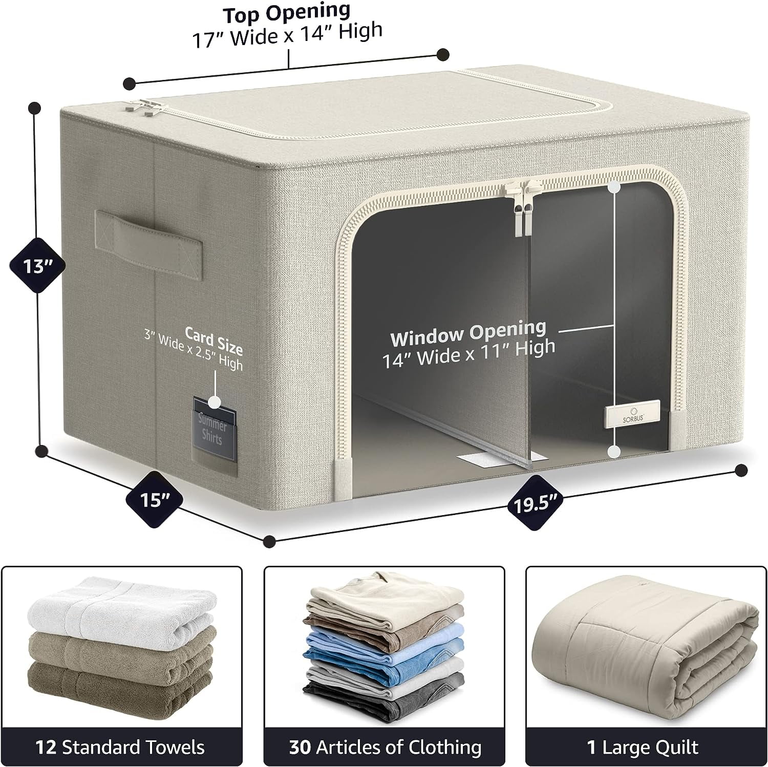 Sorbus Large Storage Bin – Stackable, Foldable Organizer with Window, Handles, Metal Frame, Beige