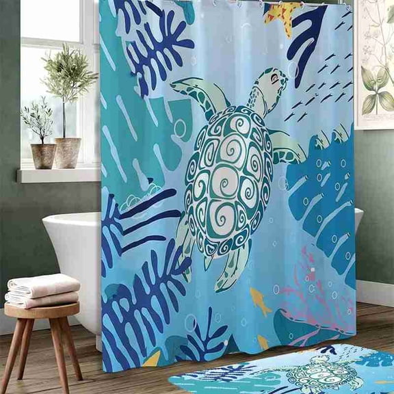 70x70 inch Blue Ocean Sea Turtle and Seaweed Shower Curtain, Waterproof Polyester Fabric with Hooks for Bathroom Decor