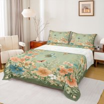 jejeloiu Country Floral Full Size Sheets,Rustic Botanical Wild Butterflies Bed Sheets,Green Pink Sheet Sets For Girls,Microfiber Bedroom Decor,4 Pieces